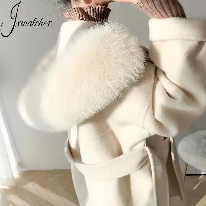 Mao Mao Fur New design Loose Size Cashmere Coat Winter Women Warm Fashion Belt Coat Oversize Hooded Long Wool Coats Women