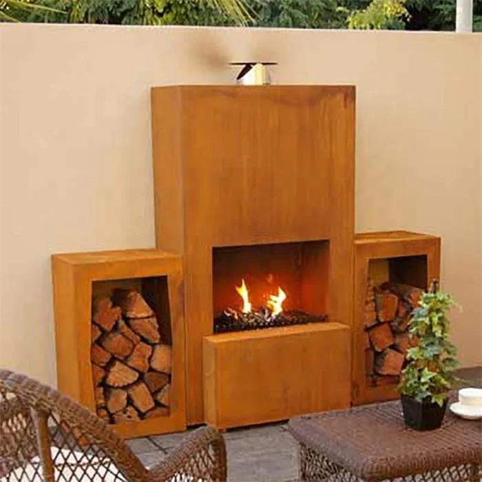 Outdoor Freestanding Wood Burning Corten Steel Fireplace With Log Rack