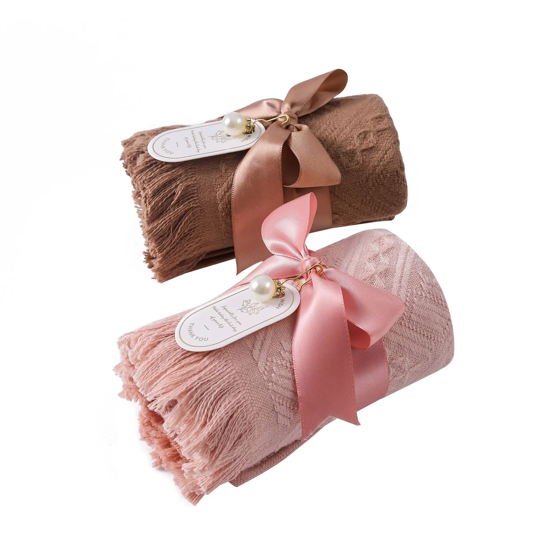 Popular Tassel Towel  Pure Cotton Party Gift Towel Four Colors Woven Towel With Silk Ribbon And Pearl Decoration For Wedding