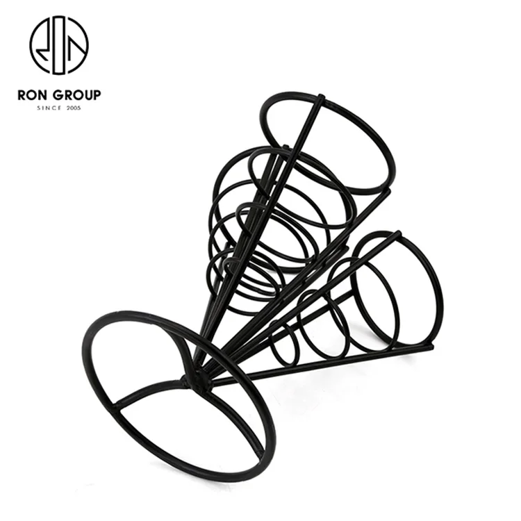 High Quality Restaurant Use Kitchenware Snacks Metal Basket Rack Display Wire Iron Matte Black 3 Cones French Fry Holder Stand