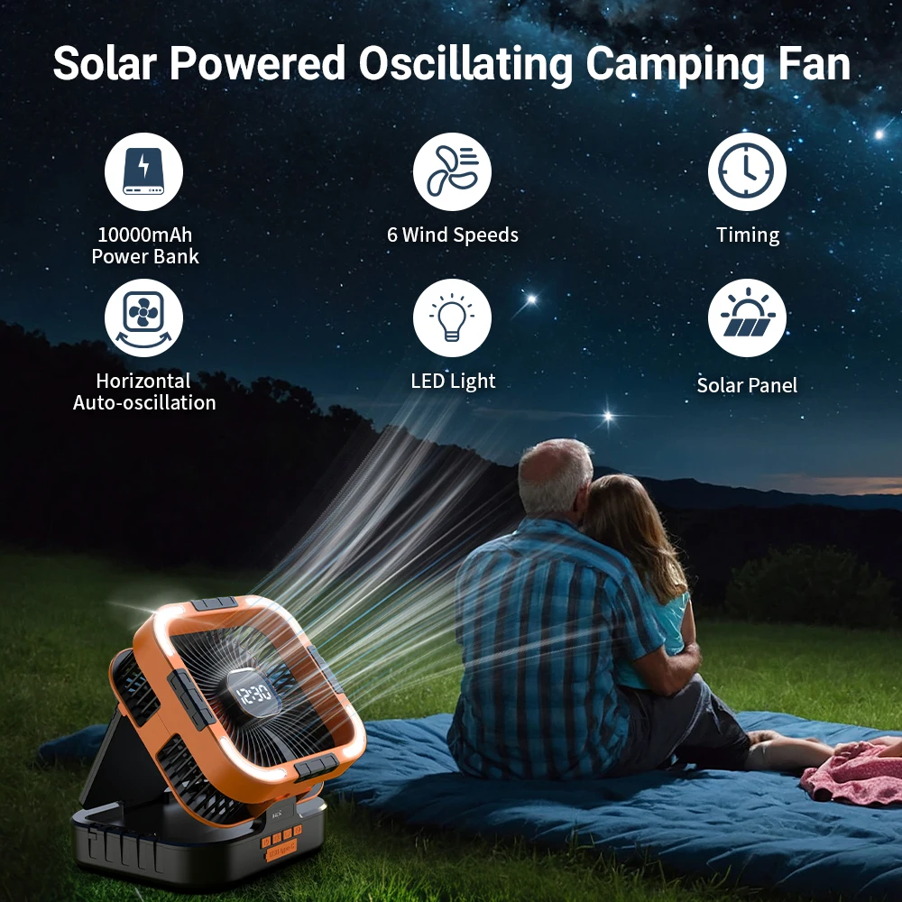 10000mAh Rechargeable Super Bright Led Light Sleep Mode Oscillating Fan Tent Fan Auto Oscillating Waterproof Outdoor Solar Fans