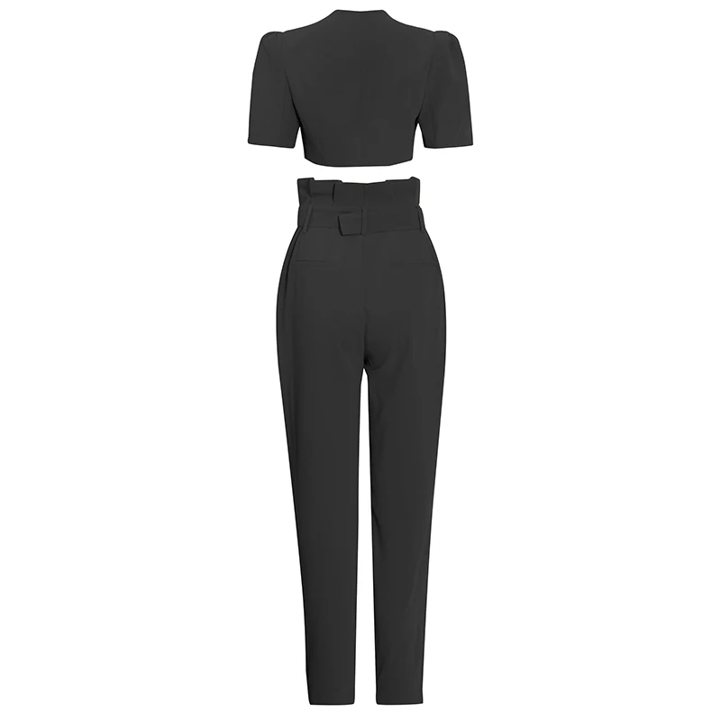 
ONEINALL V Neck Short Sleeve Tops High Waist Harem Pants Solid Sets Female Fashion 2021 