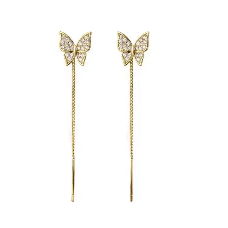 Korean Luxury Cute Butterfly Rhinestone Long Chain Tassel Ear Wire Stud Drop Earring For Women Girls Fashion Jewelry