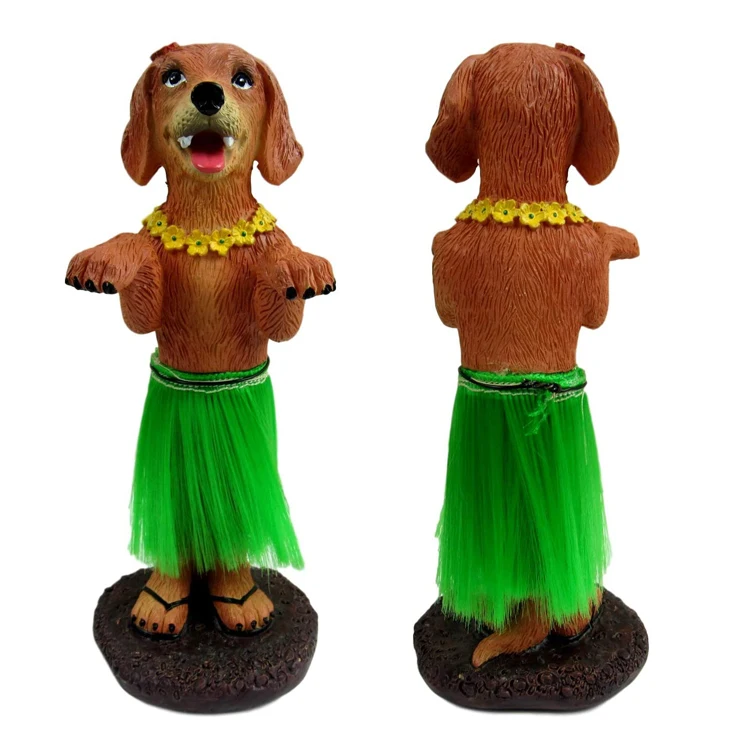 
Free Sample factory customized Hula Dog Golden Car Bobblehead Figurine 6 Inches Green Grass Skirt Hula Girl for car decoration 