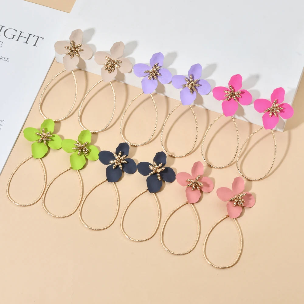 New Colorful Sweet Metal Enamel Flower Earring Big Circle Hoop Dangle Earrings for Women Girls Fashion Colorful Party Jewelry