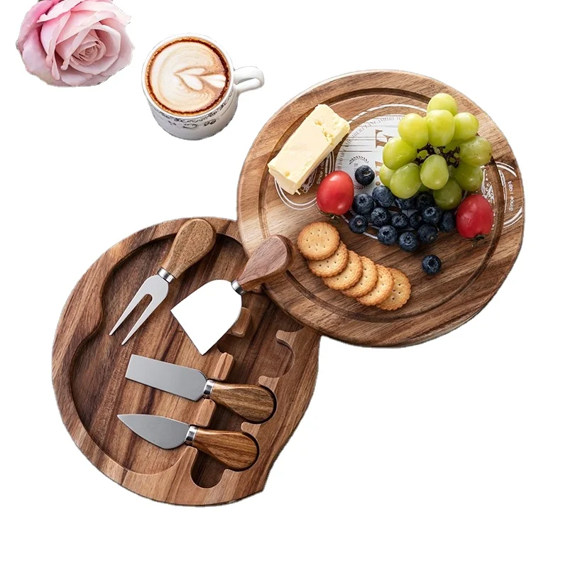 wholesale Premium charcuterie board set Acacia Wood Round Cheese Board Set With Drawer Cheese Knife Set