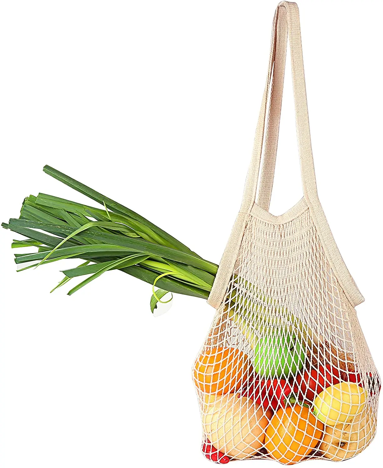 Premium Cotton String Bags for Farmers Market, Produce, Grocery or Beach Trip Handbag Long Handle Net Tote Fruit Mesh Bag
