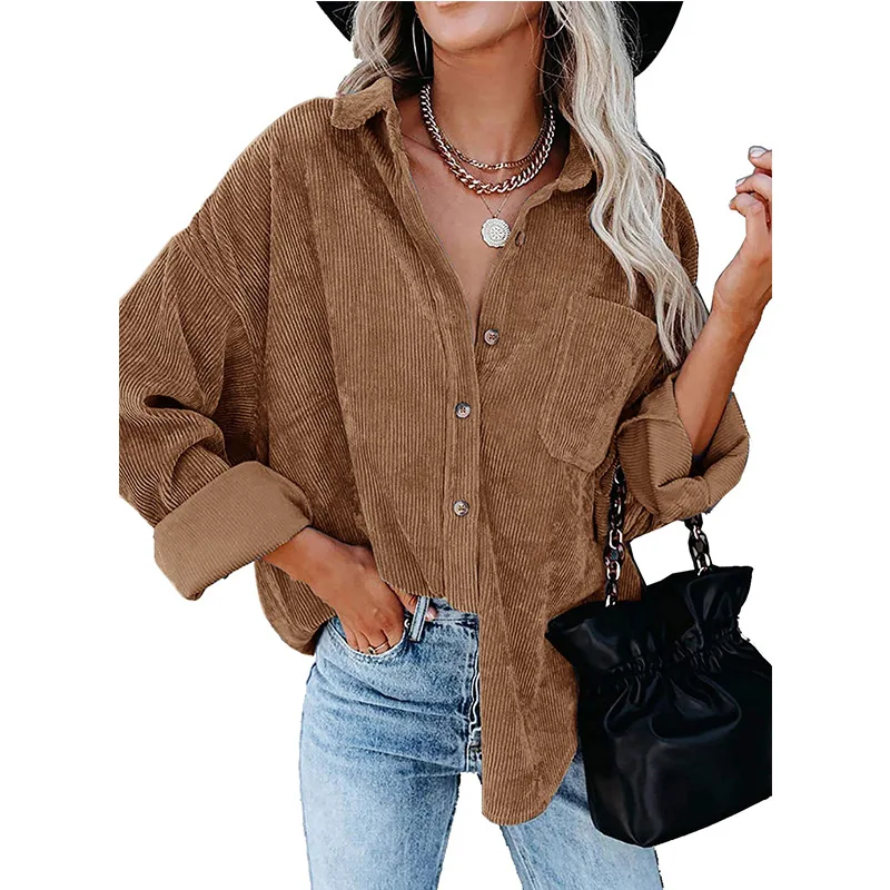 Women Corduroy Shirts Casual Long Sleeve Button Down Blouses Top