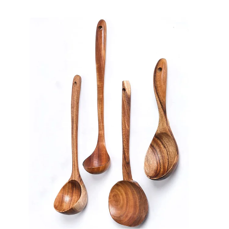 Wholesale 4 pcs soup ladle set kitchen handmade long handle wooden cooking utensils