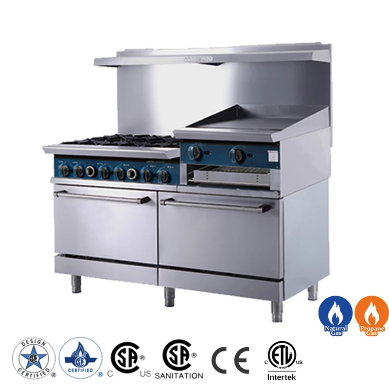 Коммерческая отдельно стоящая газовая плита из нержавеющей стали для приготовления пищи и гриль с духовкой