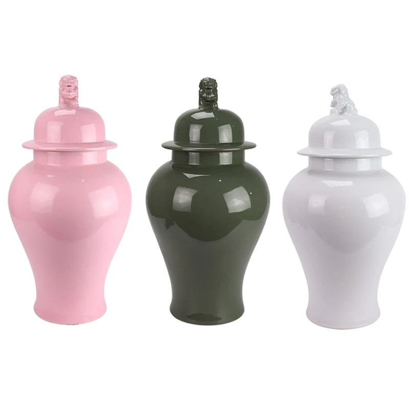 RYKB169-A-B-C Color Glazed Pink Grey White Color  with Lion Head Porcelain Temple Jars