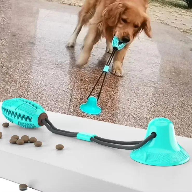 TPR suction cup 2 in 1 chewing moving pull string novelty dental cute fun interactive pet dog tooth cleaning molar bite ball toy