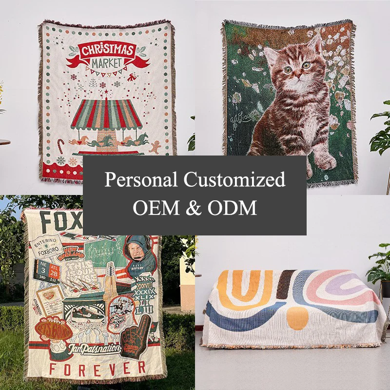 Ins Recycled Cotton Boho Rug Jacquard Custom Woven Blanket Tapestry Picnic Blanket for Camping Hiking