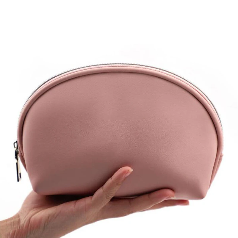custom popular half round makeup cosmetic pouch travel lipstick eyeshadow organizer waterproof pu leather shell pink make up bag