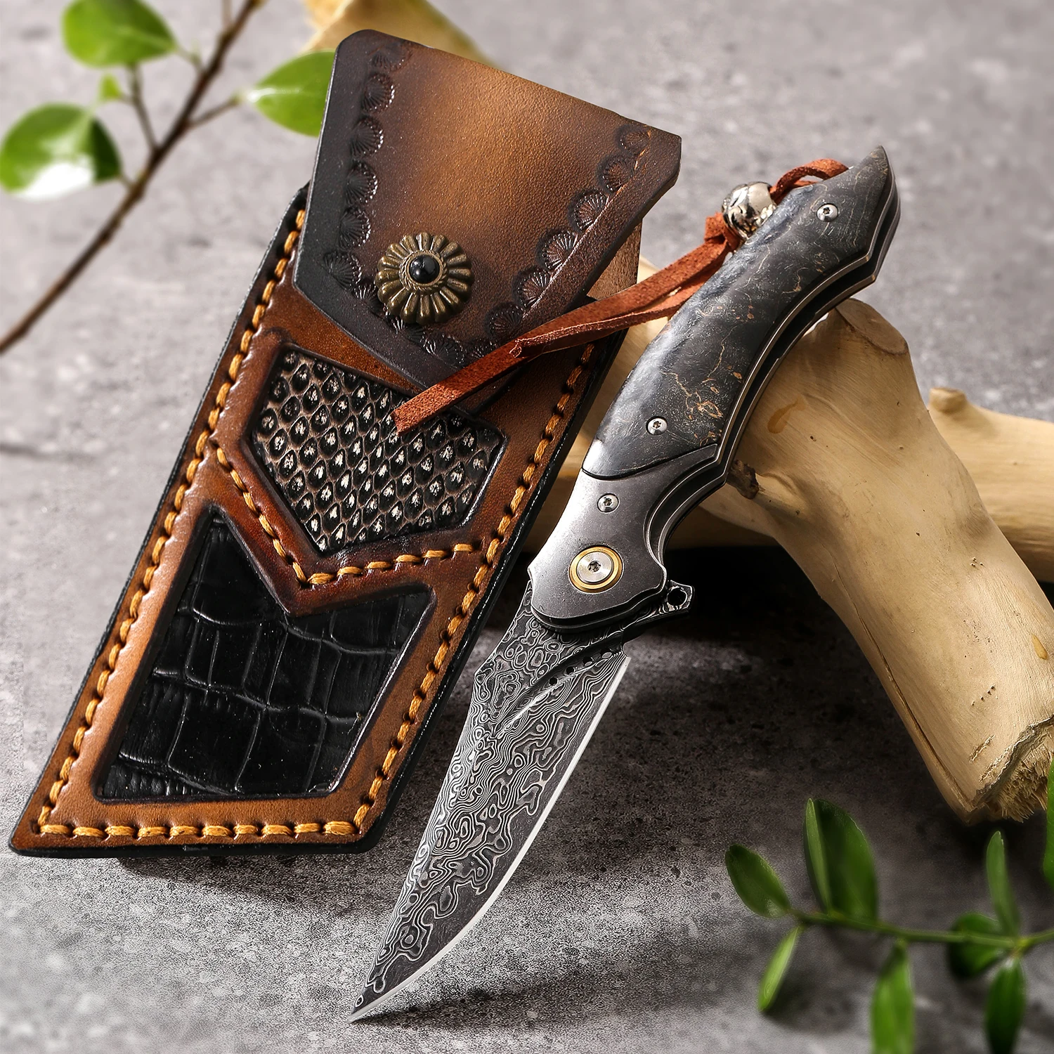 Wholesale Outdoor Handmade Damascus Steel Folding Knife Laser Bolster Damascus Folding Pocket Knife Knives