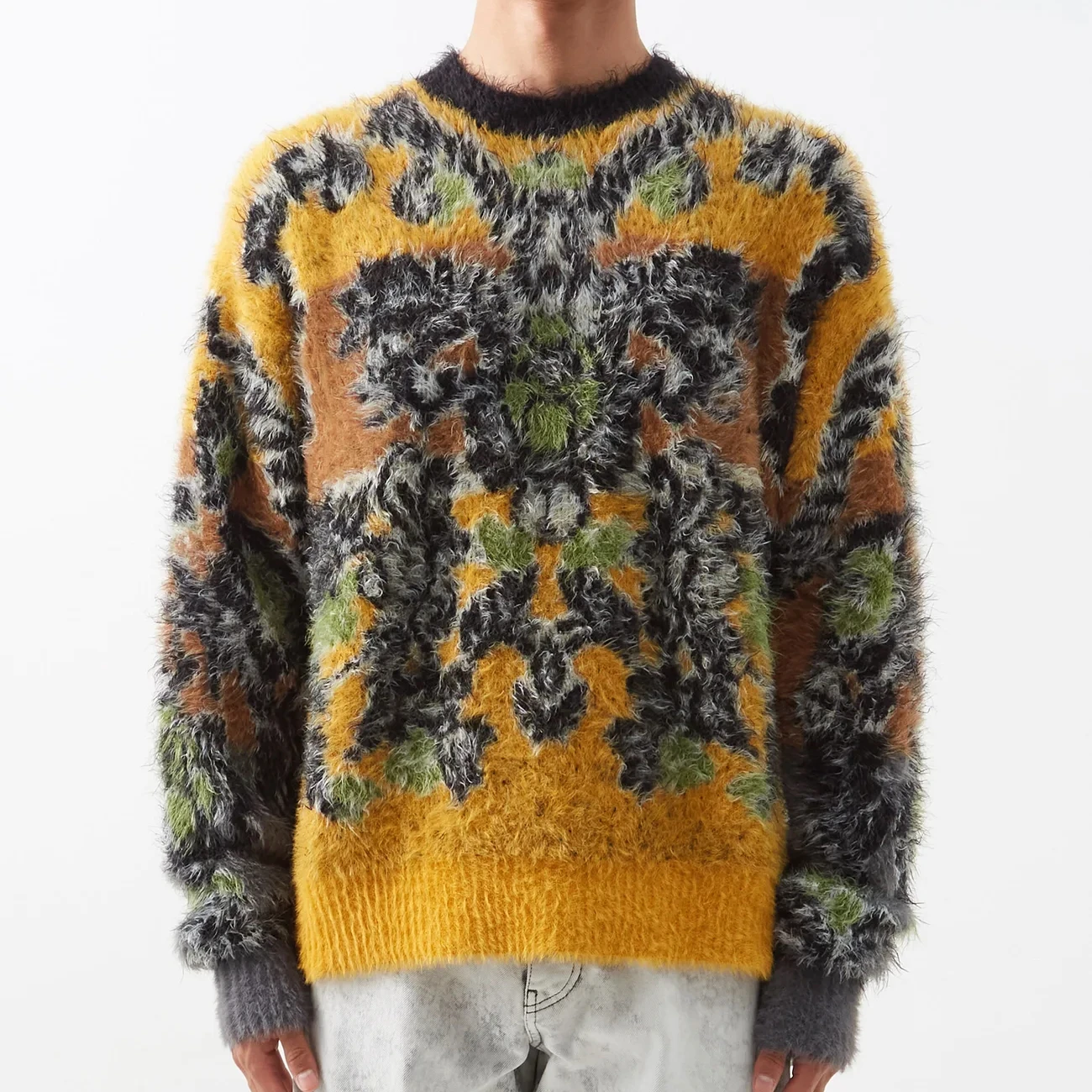 OEM ODM  Custom mohair Knitted  Cotton Knitwear men Knitting fuzzy jacquard  Sweater for men
