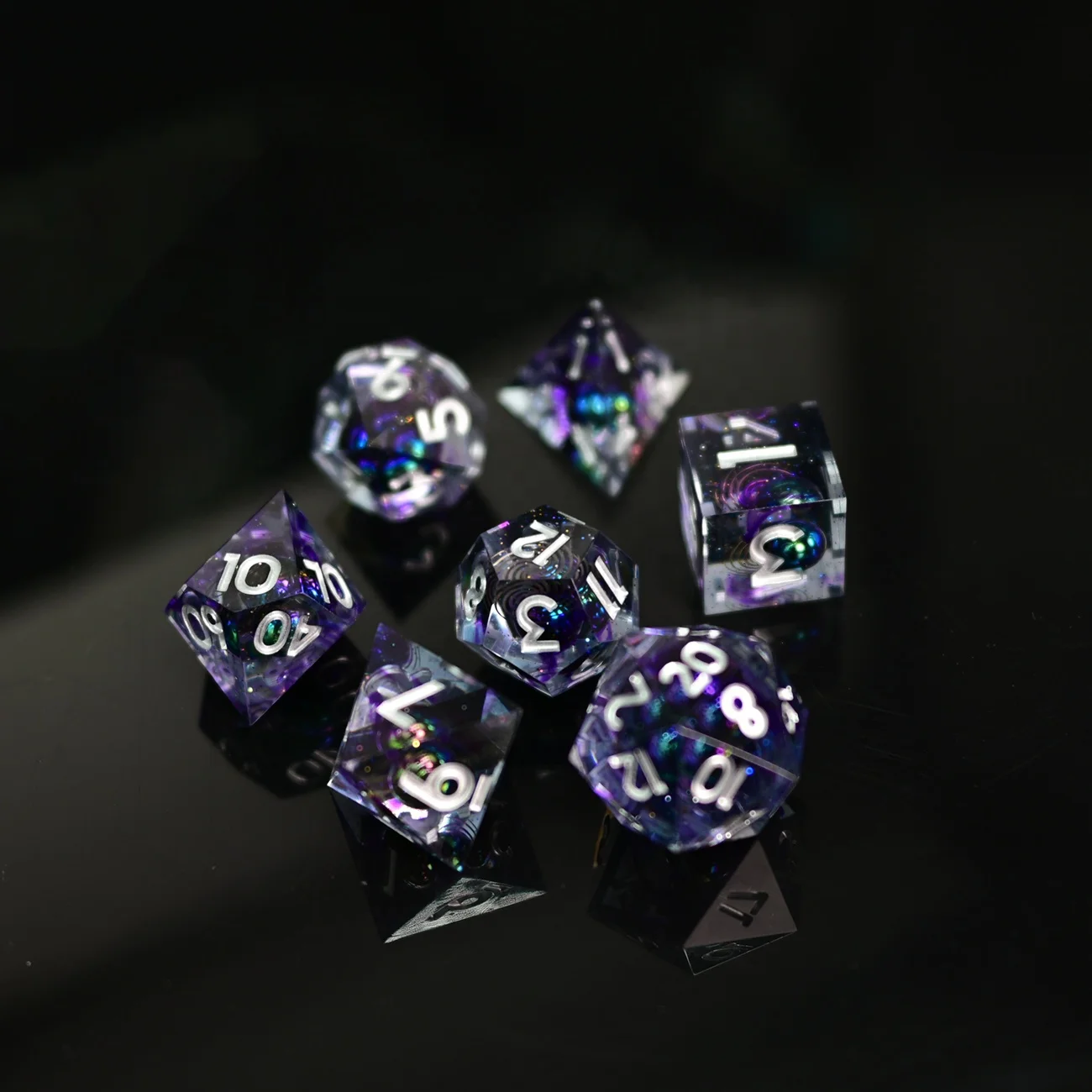 Swirl Polyhedral Space Glitter Purple Cosmic Planet Divination 7pcs Dice Set Transparent Glitter Resin Sharp Edge DND RPG Dice