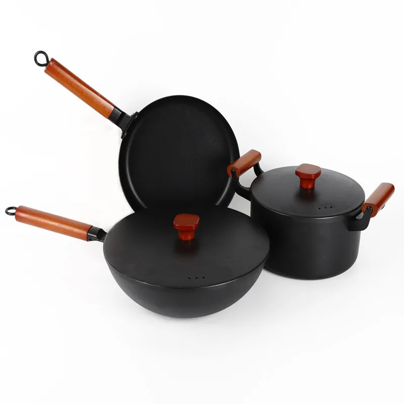 kitchen accessories iron cookware set 3 pieces non stick cooking pot fry pan saucepan wholesale kitchen ware