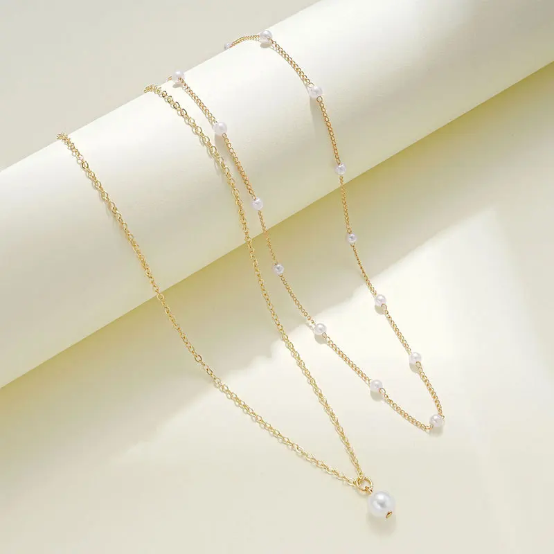 2024 Boho Double Layer Pearl Necklace 2pcs/set Multilayer Necklace Bead Chain Necklace for Women Girls