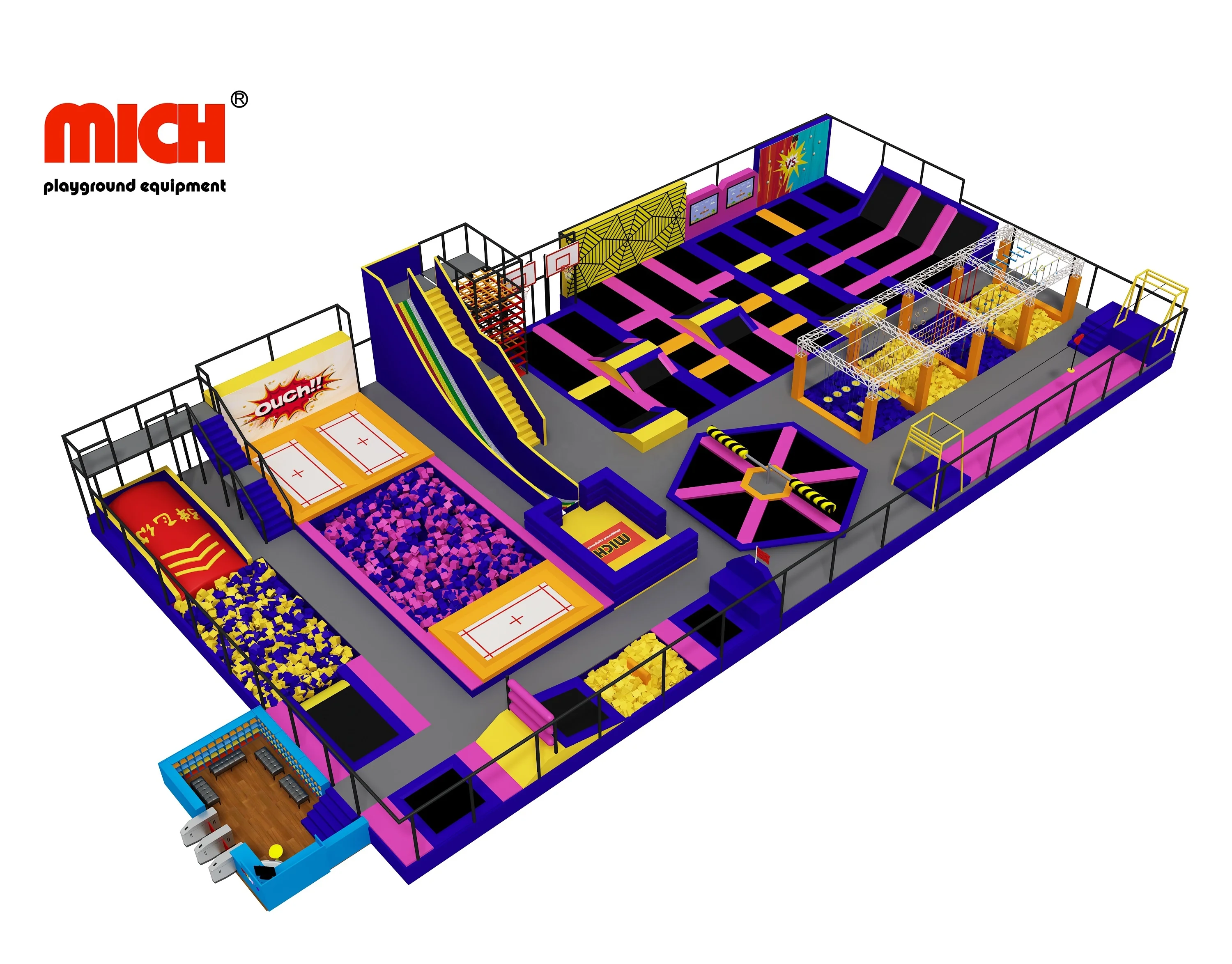 Mich Customized Commercial Indoor Trampoline Park with Foam Pit, Inflatable Bag, Zipline, Ninja Warrior, Interactive Screen Game