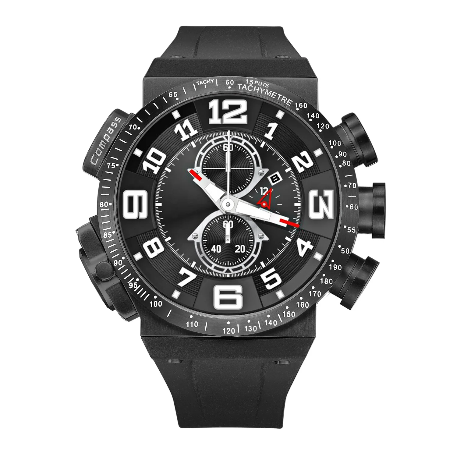 High Quality Japan Chronograph Movement Big Dial Big Silicone Bracelet Wrist Black Unique Men Watches Luxury