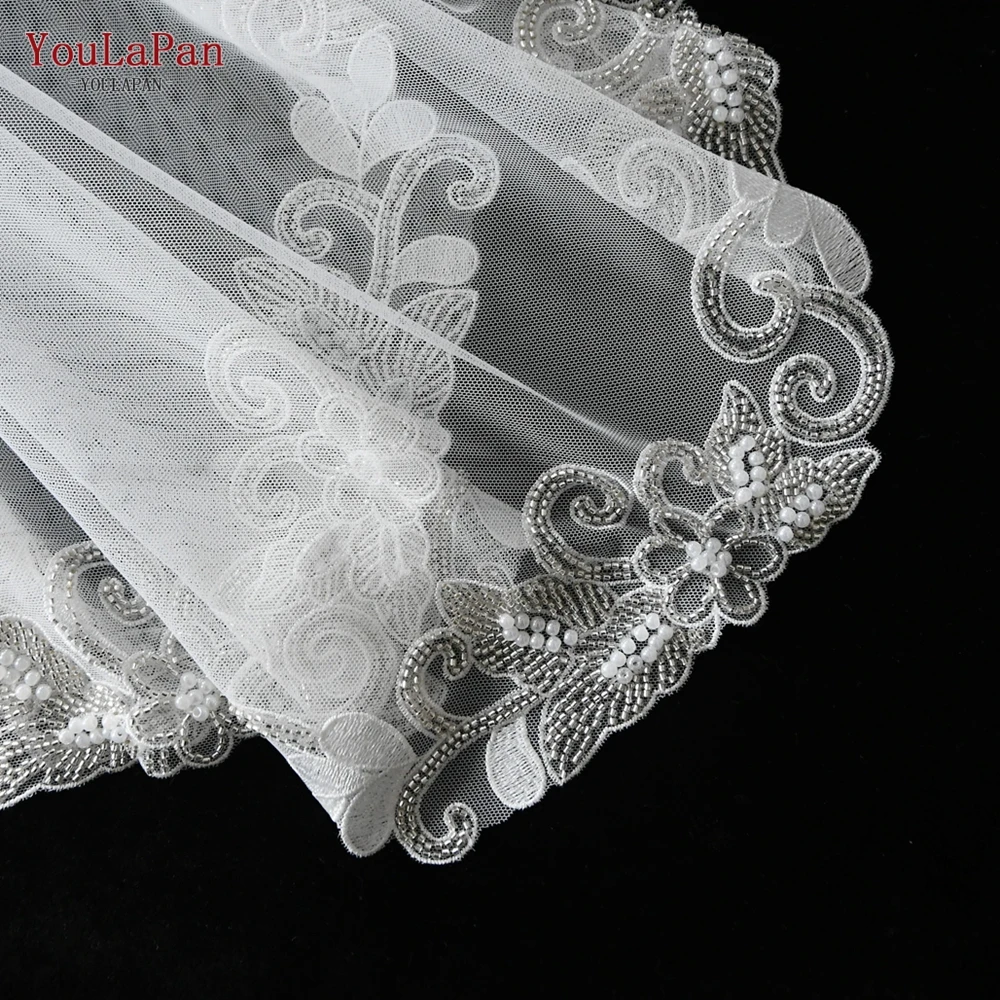 YouLaPan V60 Retro Short Without Comb Cover Veil Hand Beaded Embroidered Lace Single Layer White Veil Bridal Wedding Veil