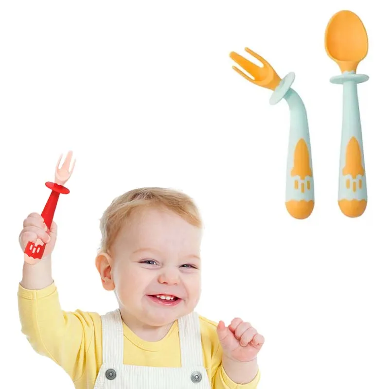 360°free bending non-slip handle wholesale baby spoon for pureeing baby fruit fork and spoon set