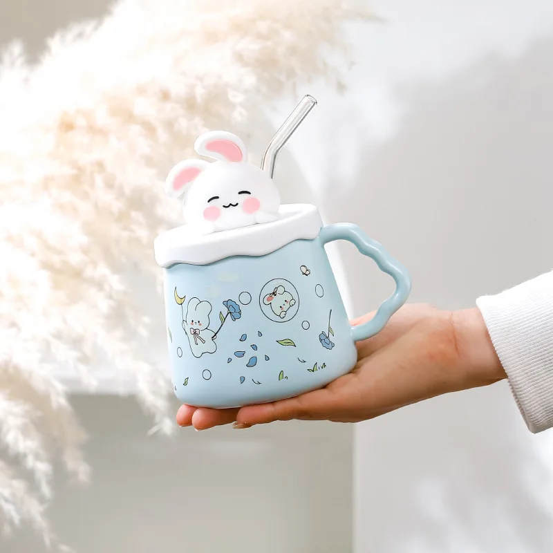 420ml Cute Bunny Ceramic Mug With Lid And Straw Couples Coffee Mug Gift Mugs