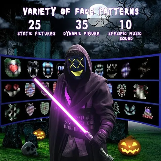 USB rechargeable LED Mask with music Effect and Gesture Sensing,Light up LED Halloween Mask for Kids/Adults for Costume Party