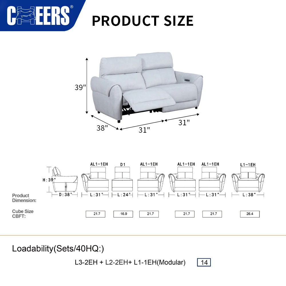 CHEERS Luxury Living Room Sofa Set Furniture Sectional Recliner Sofa Comfortable Fabric 2 Seats Customizable Combination Couch