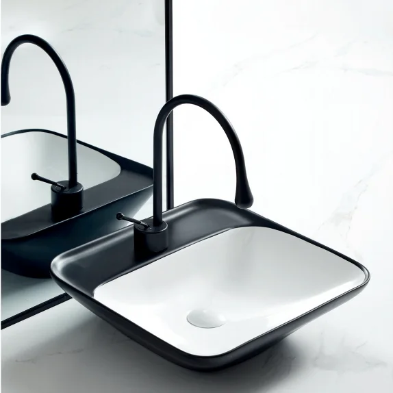 Custom Design Top Matte Black Ceramic Bathroom Sink Modern Black And Gold Line Art Wash Basin