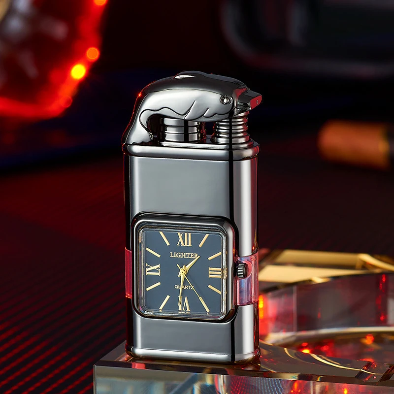 Custom Logo Dual Flame Gun Torch Lighter Creative USB Style Metal Watch with Transparent Gas Tank