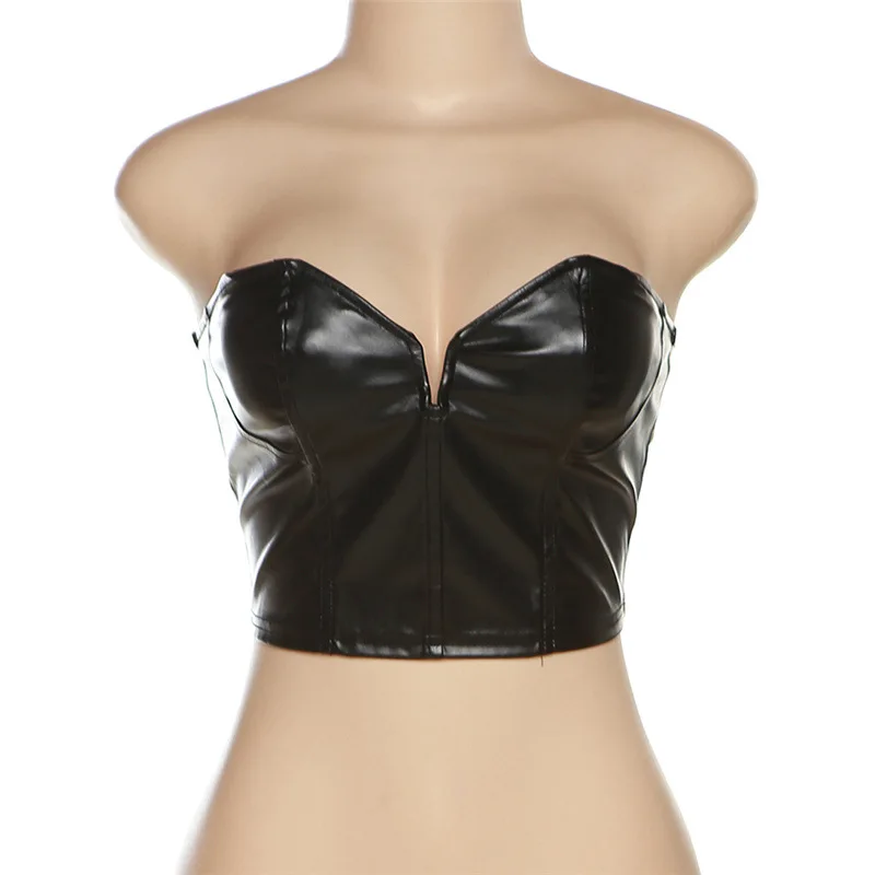 Solid Leather Shiny Sexy Two Pieces Set Women Wrapped Chest Skinny Crop Tops + Pockets Hip Skirt Midnight Clubwear Suit