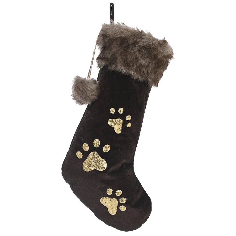 
20 inch black Flannel Christmas Stocking with Gold sequins dog paw decoration for Fireplace hanging ornament 
