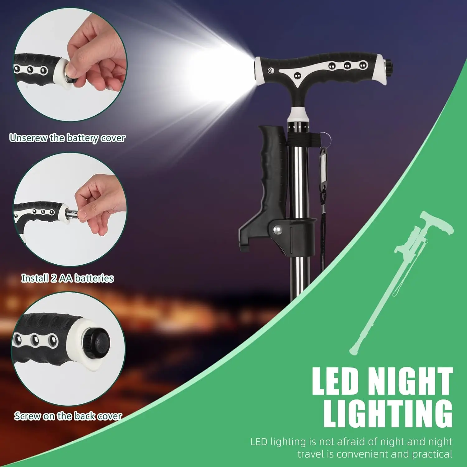 Walking Cane for Men Women Aluminum Lightweight Adjustable Walking Stick with Magnet Handle Foldable Cane with LED for Seniors