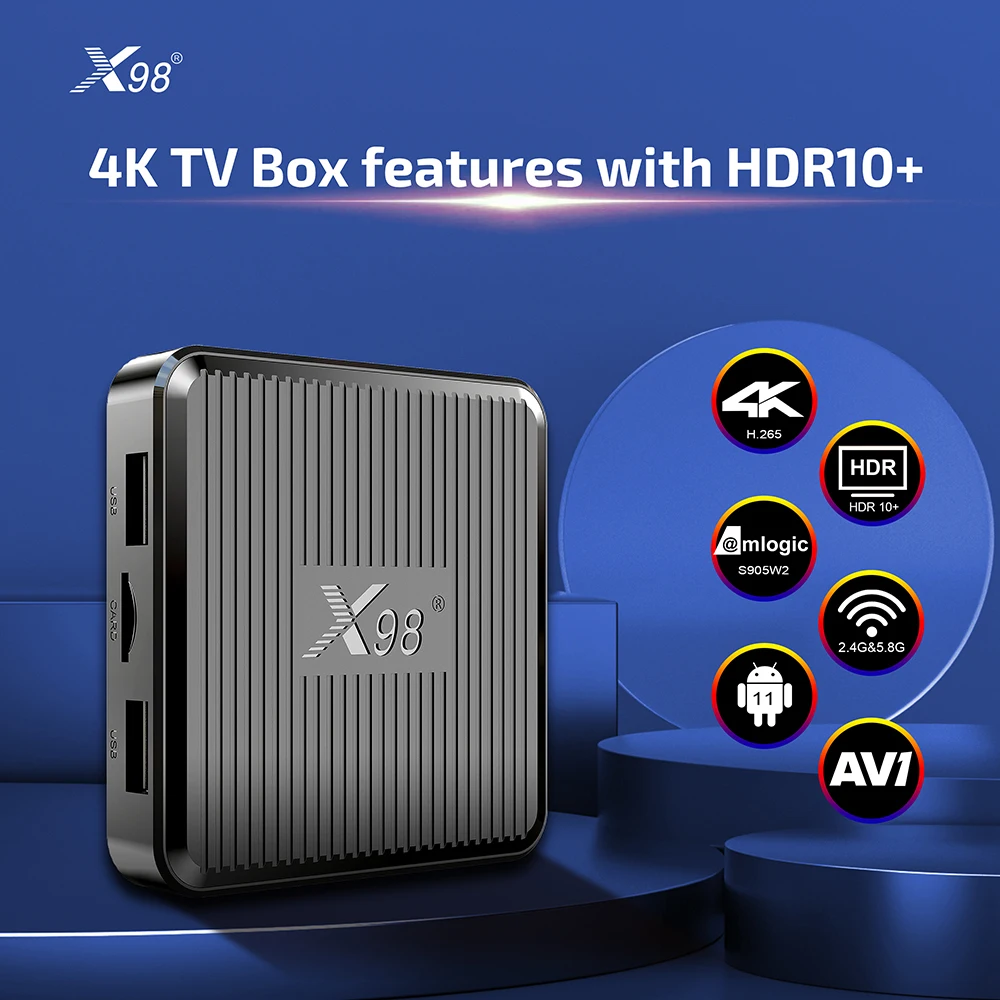 Android11.0 TV Box X98Q S905W2 2.4G/5.8G Wifi 4K H.265 HEVC HDR 10+ AV1 100M Ethernet Set Top Box