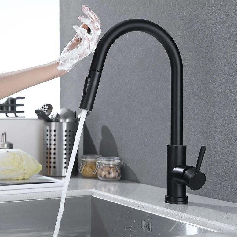 Black Pull Out Water Tap Kitchen Sink Faucet 2 Functions Sprayer Touch Sensor Kitchen Faucet Stainless Steel