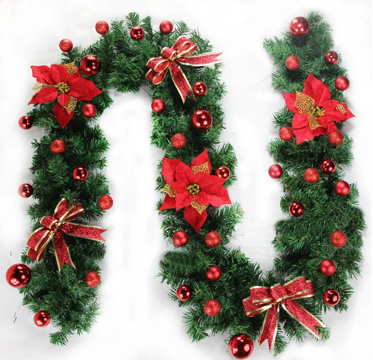 2.7m Green Artificial Christmas Garland Poinsettia Christmas Flower Wreath Christmas Tree Rattan Hanging Ornament Decoration