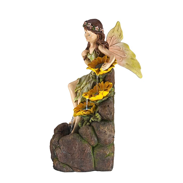 Large Size Outdoor Resin Fairy With Sunflowers Handmade Sculpture Water Fountain Garden With Lady Statue Led Lights