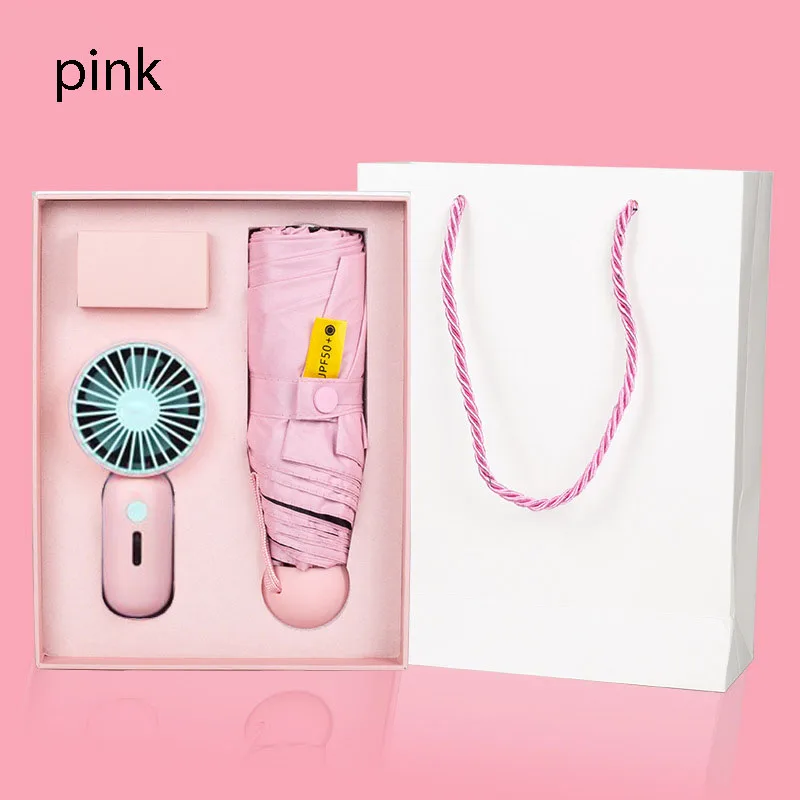 Custom 6K 5 folding mini umbrella and fan gift set with usb charger pocket sun UV umbrella