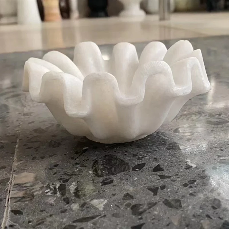 New Design Large Marble Stone Ruffle Bowl Marble Fruit Salad Bowl