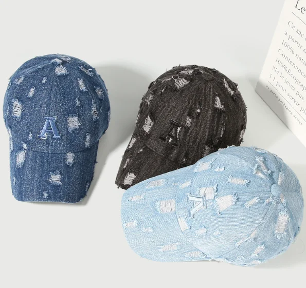 Brand quality vintage distressed frayed 6 panels caps worn-out sports denim baseball hats