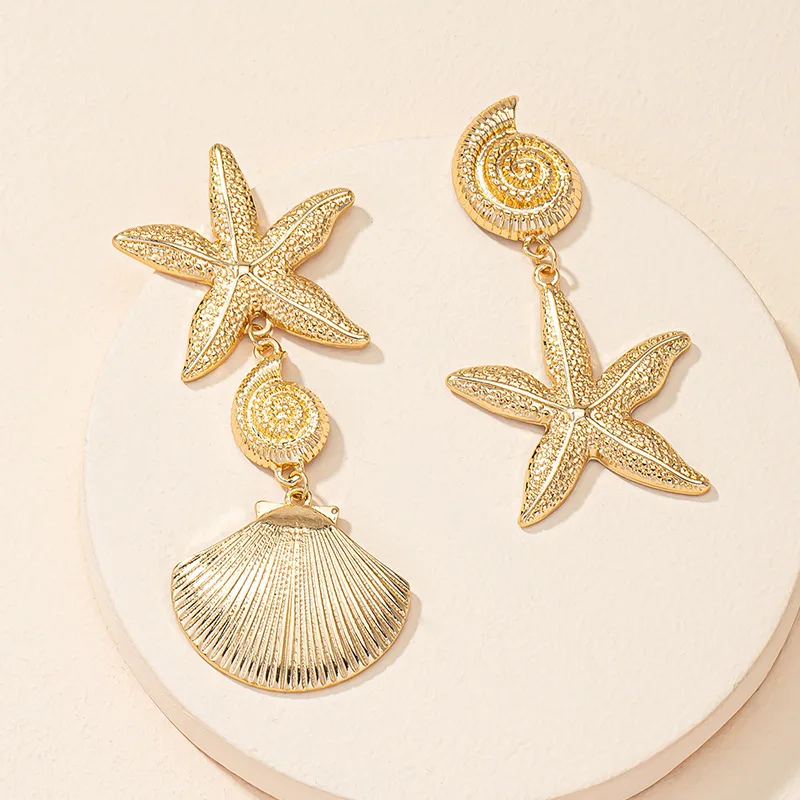 Summer Holiday Beach Starfish Earrings Asymmetric Metal Shell Starfish Pendant Earrings Women Fine Jewelry Drop Earrings