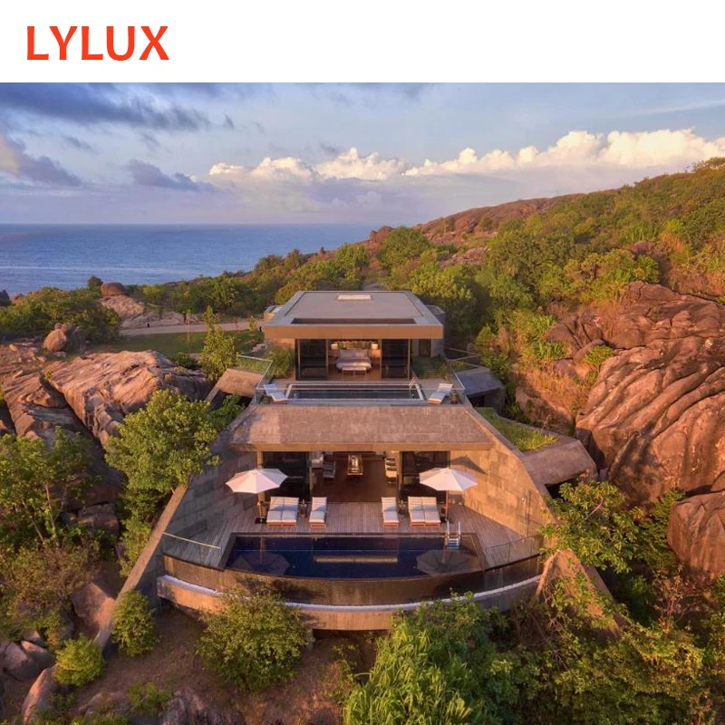 Hotel architectural design natural rock mountain luxury villa hotel, resorts, presidential suite, room interior in island