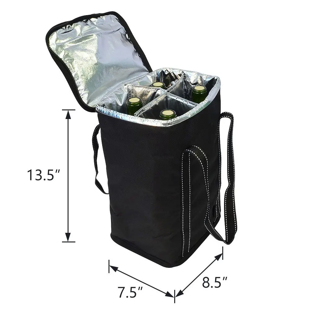 Custom 4 Bottles Christmas Insulated Carrier Leather Tote Canvas Travel Padded Sublimation Portable Reusable Ice Wine Cooler Bag