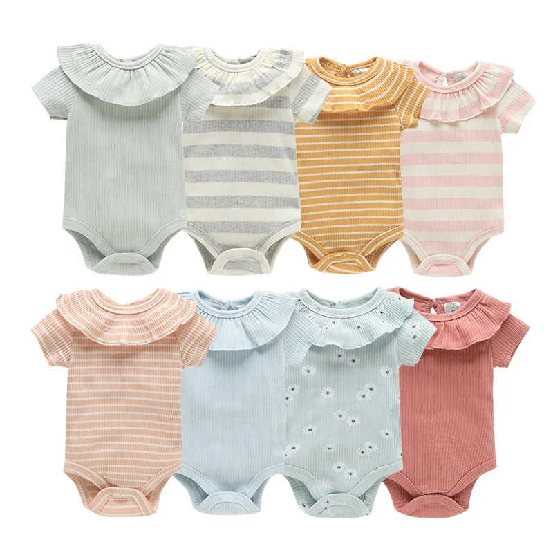 2025 new color blank Organic Cotton  Ship Envelope Collar ribbed knitted hot sale baby romper with short sleeve  Bodysuit set