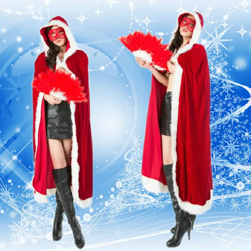 MADESHINE Xmas Red Outfits Hood Party Supplies Christmas Costume Girl Women Dress Santa Cape with Fur Cloak Cowl
