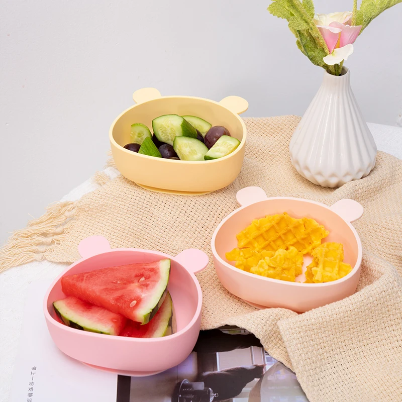 Cute Bear Kids Tableware Food Grade Bpa Free Wholesale Baby Silicone Tableware Feeding Set With Spoon