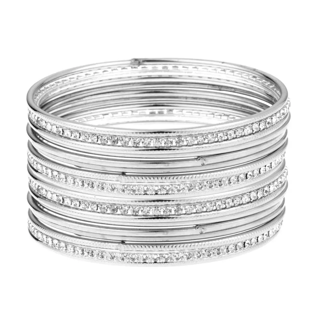 Boho Vintage Antique Gypsy Tribal Indian White Color CZ Crystal Oxidized Silver Plated Bracelets Bangle Set Jewelry