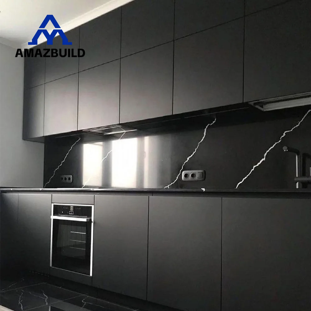 AMAZBUILD итальянский дизайн дома полностью матовые черные деревянные кухонные